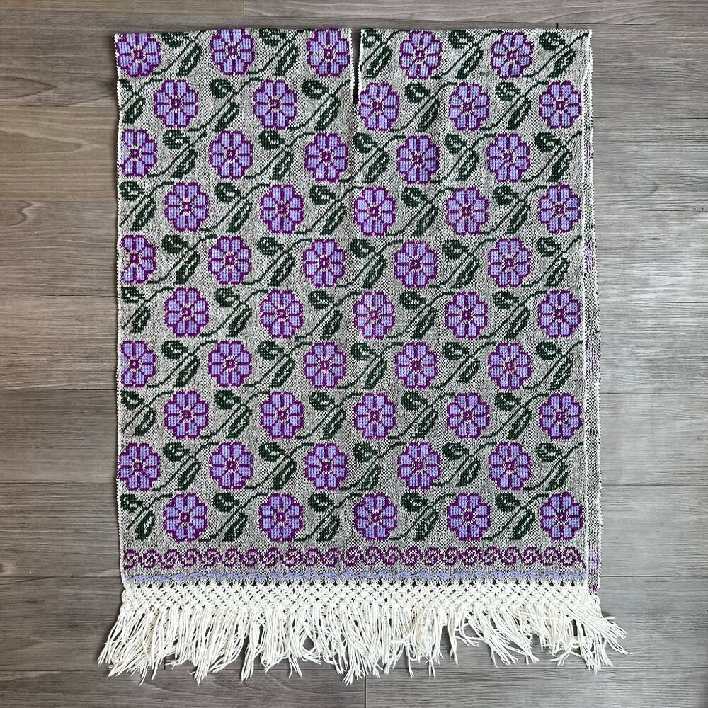 Vintage Knit Purple Gray Floral Print Boho Tassel Edge Poncho